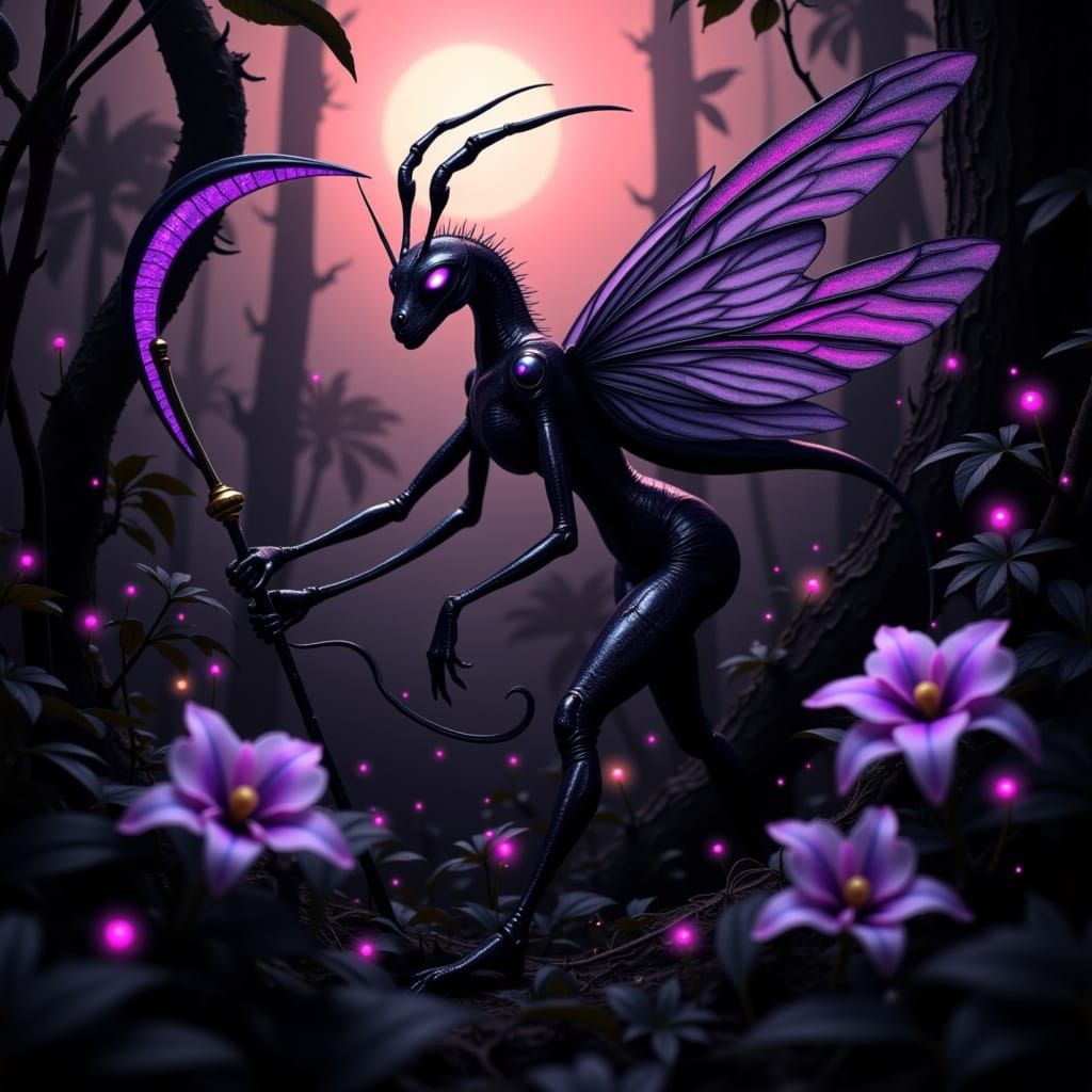 Flower-Mantis Queen in Metallic Armor with Gothic Scythe