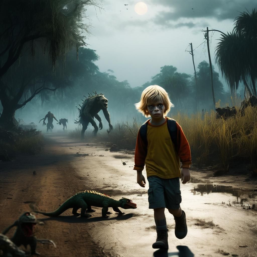 Creepy Zombie Clown and Kid in Haunted Swamp