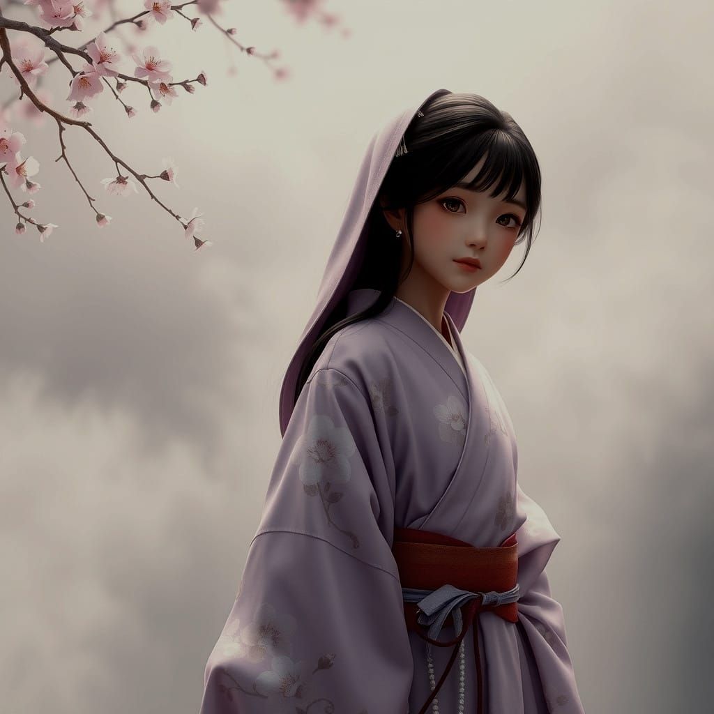 Young Japanese Girl in Lavender Clothing: 3D Anime Art