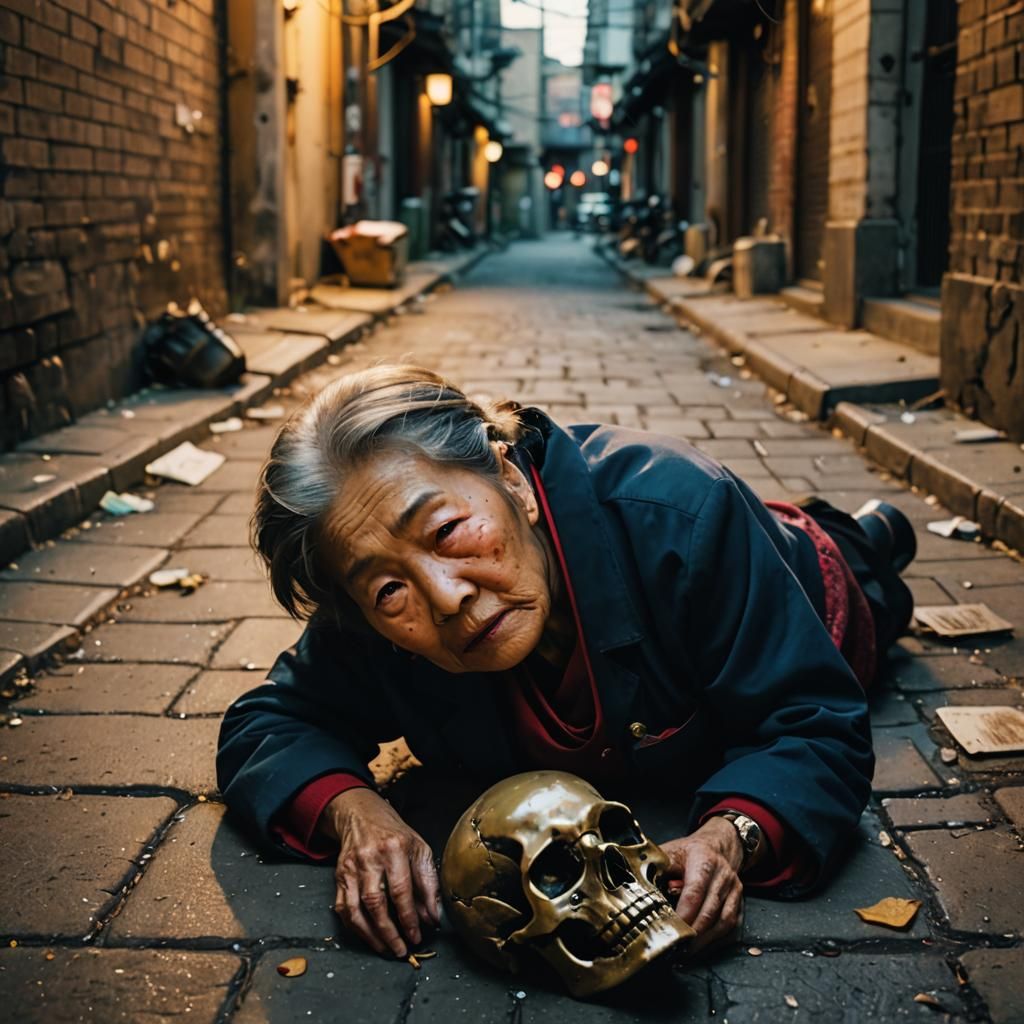 Dramatic Neo-Noir Image of Injured Elderly Woman