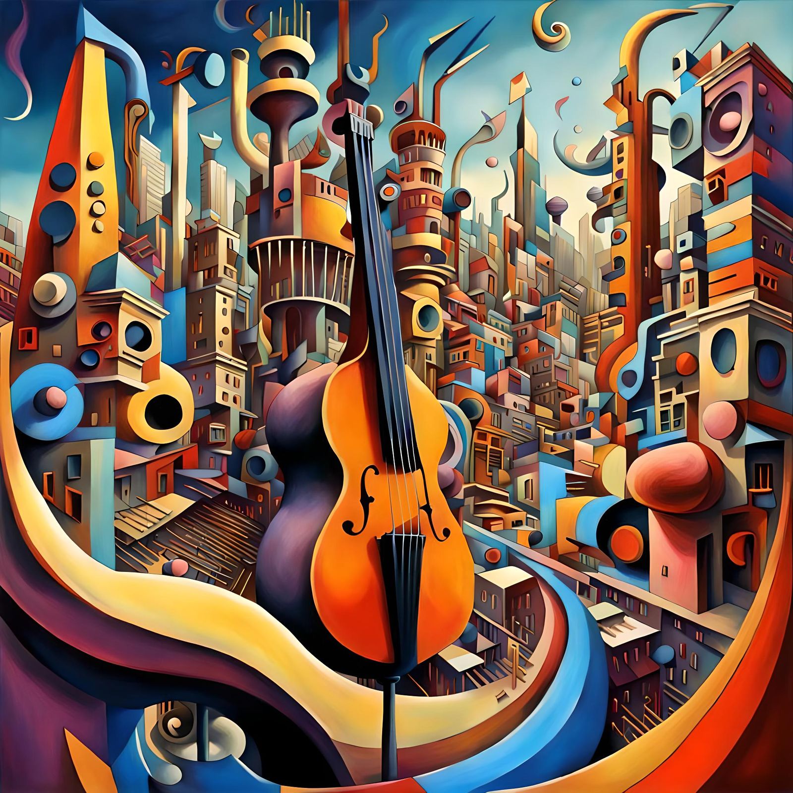 Psychedelic Cityscape of Musical Instruments in Surreal Styl...