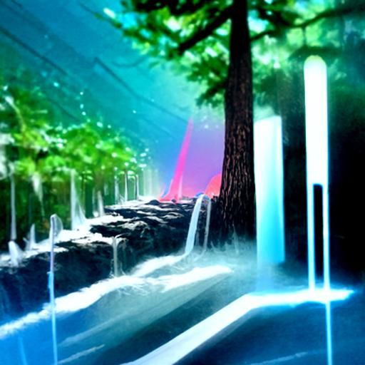 Synthwave Forest Waterfall in Neon Retro Style
