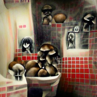 Claustrophobic Mushroom Bathroom in Film Noir Style