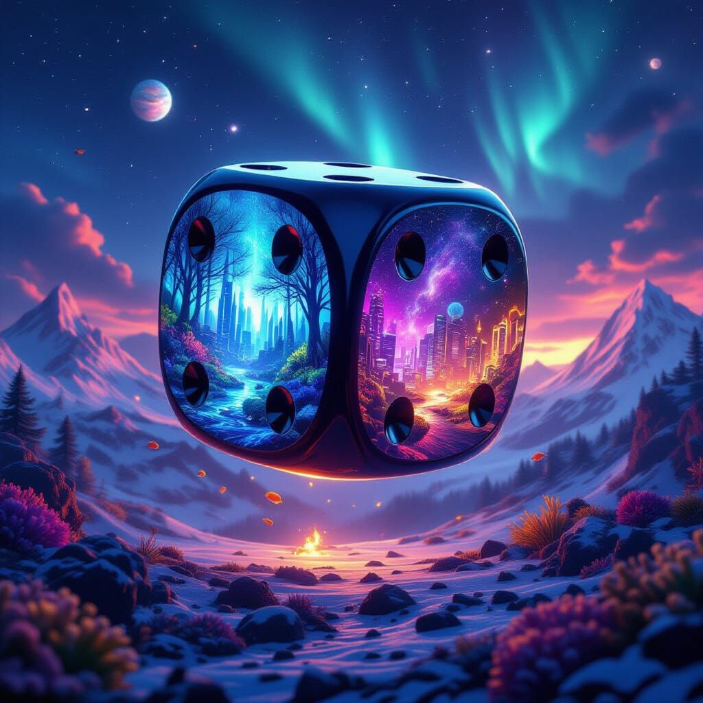 Surreal Giant Dice With Magical Worlds In Cinematic Light