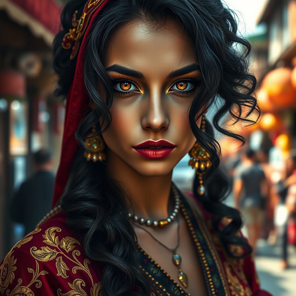 Regal Gypsy Goddess in Vibrant City Bazaar