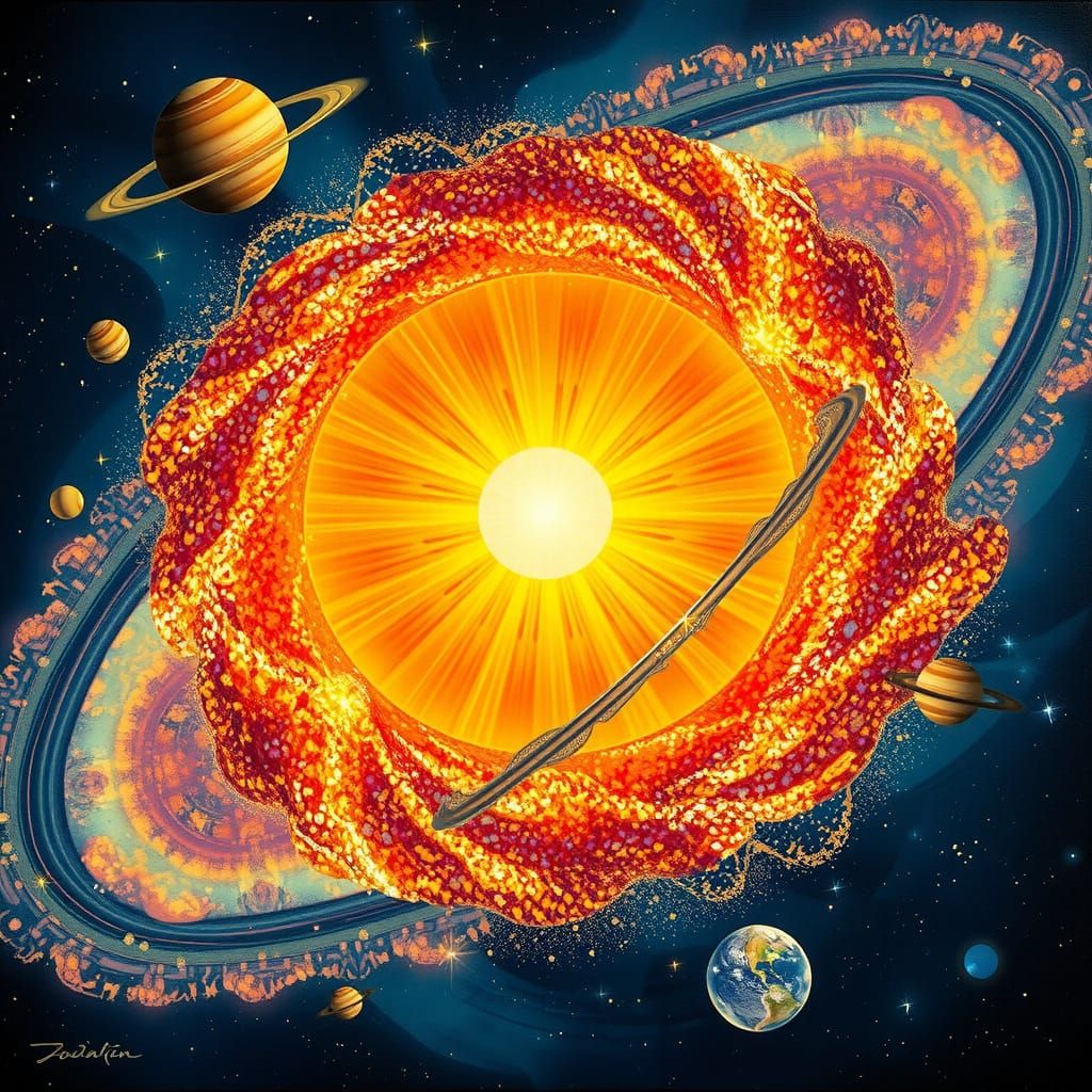 Dreamlike Solar System with Golden Light and Celestial Mosai...