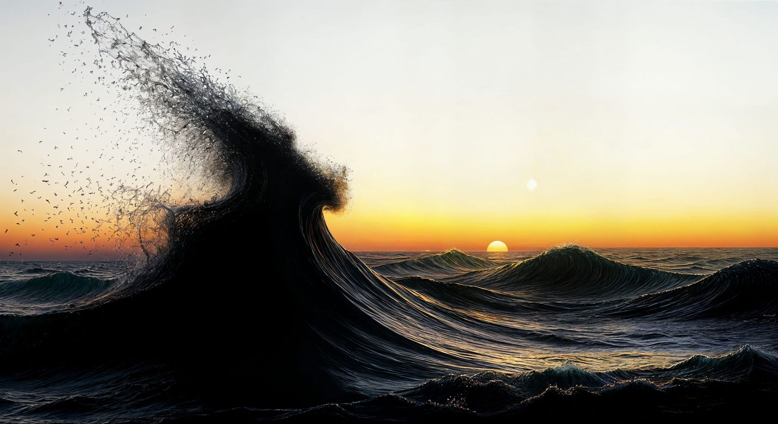 Surreal Pixelated Shapes Dissolving into Fiery Sunset Sea