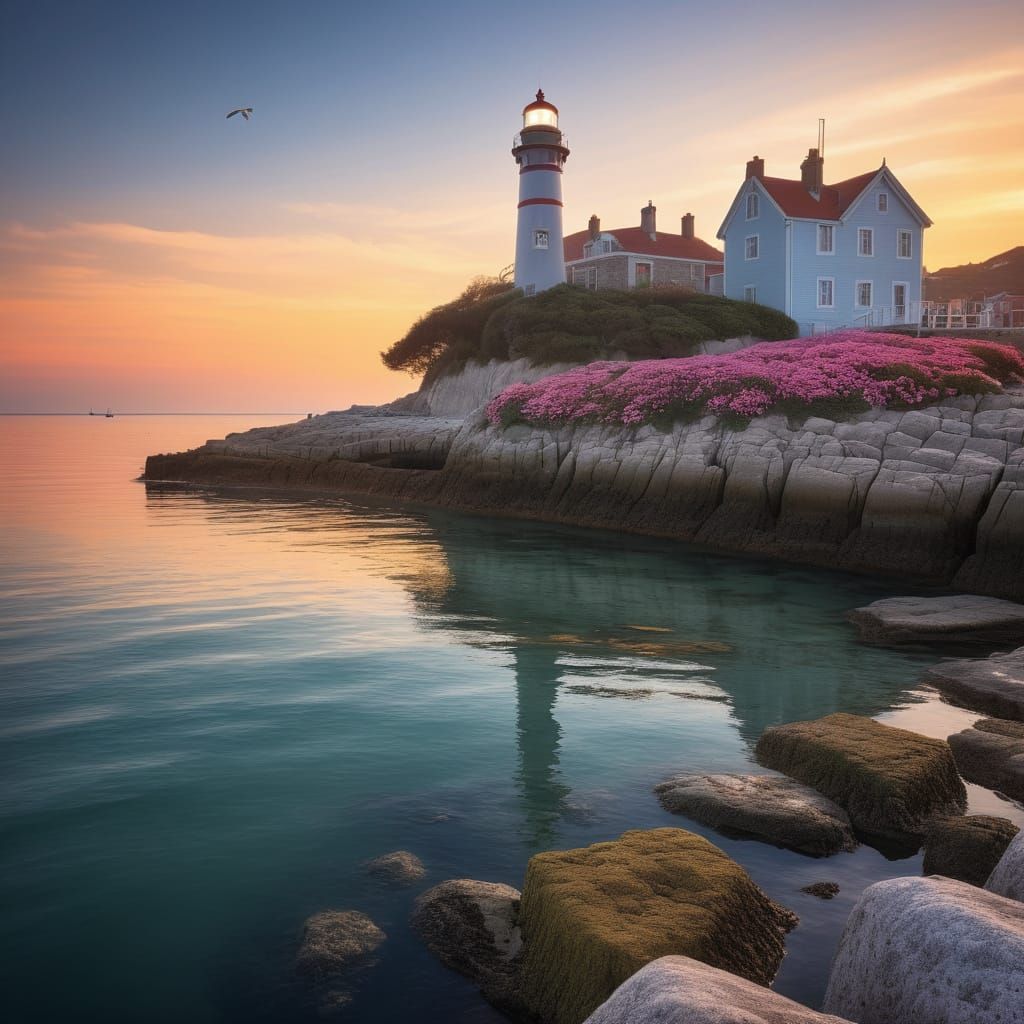 Charming Coastal Village at Sunset with Lighthouse