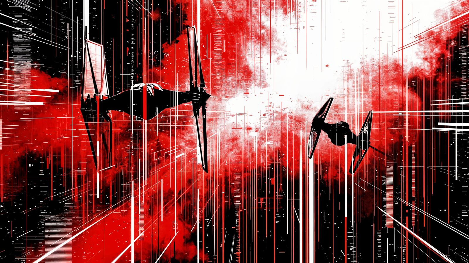 Glitch Art X-Wing Chases Tie-Fighter in Smoky Digital Storm