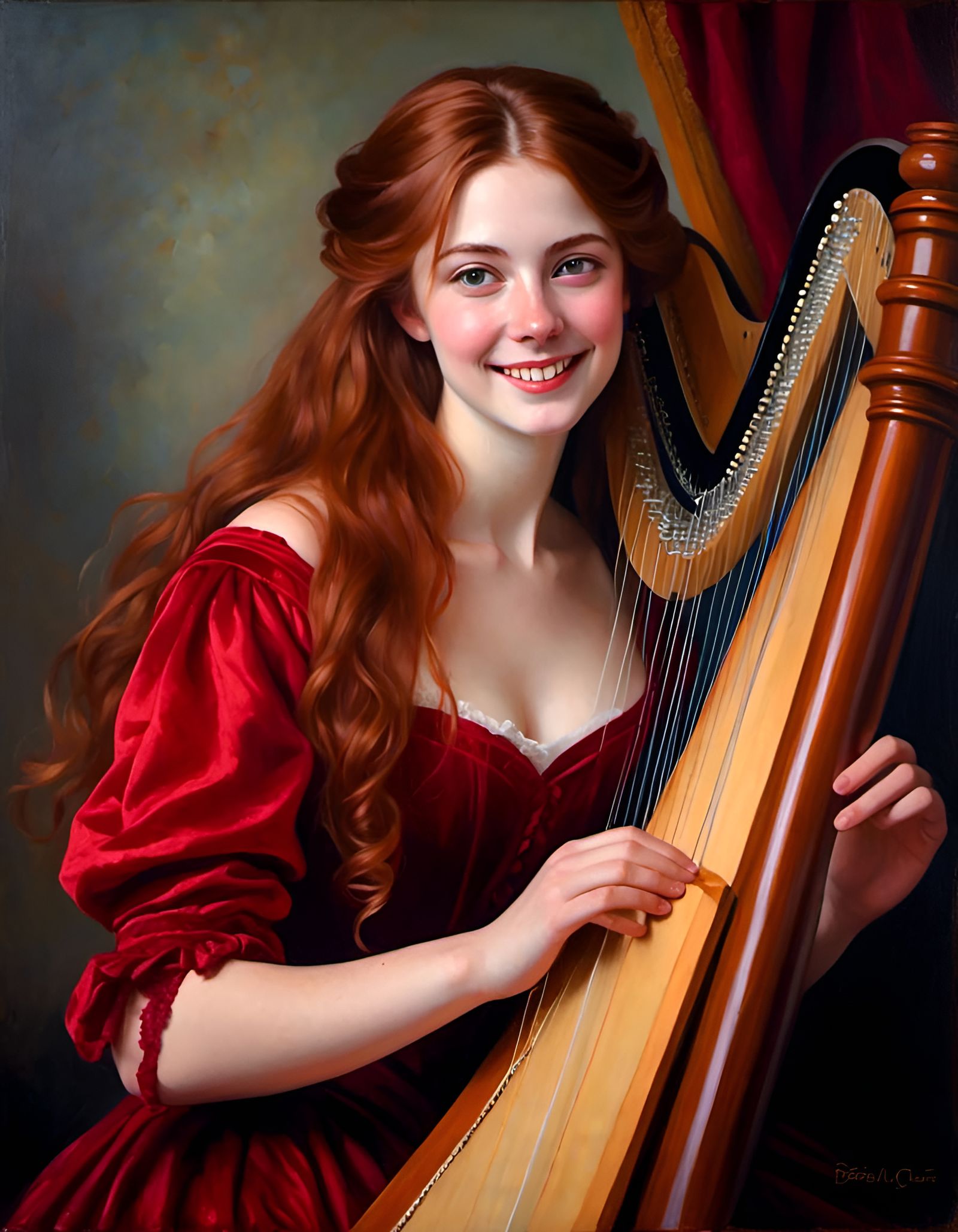 Victorian Woman with Auburn Hair Playing Harp