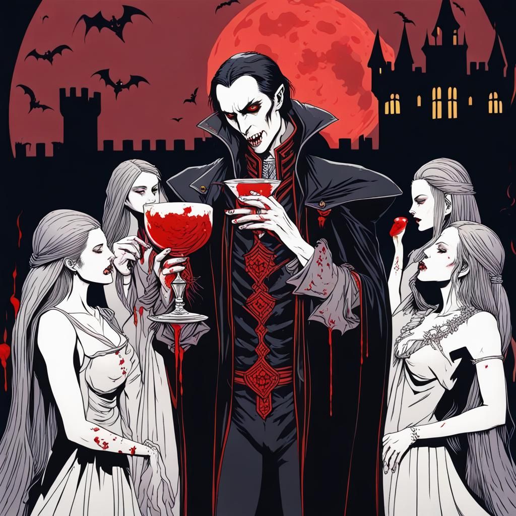 Vampire lord drinking from a bloody chalice,surrounded by vampire women, with a blood moon above a castle