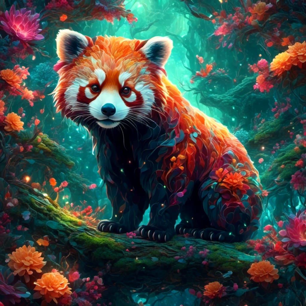Red Panda in Forest with Geometric Patterns