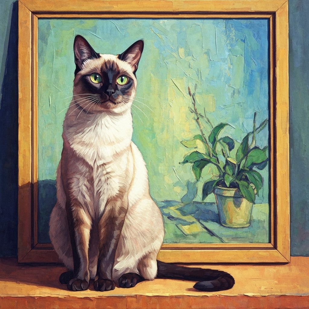 Siamese Cat Beside Cezanne Painting in Gouache Style
