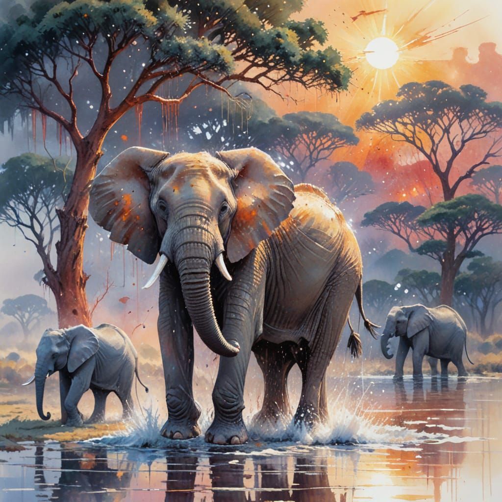 Elephants at Watering Hole: Neo-Impressionist Oil Painting