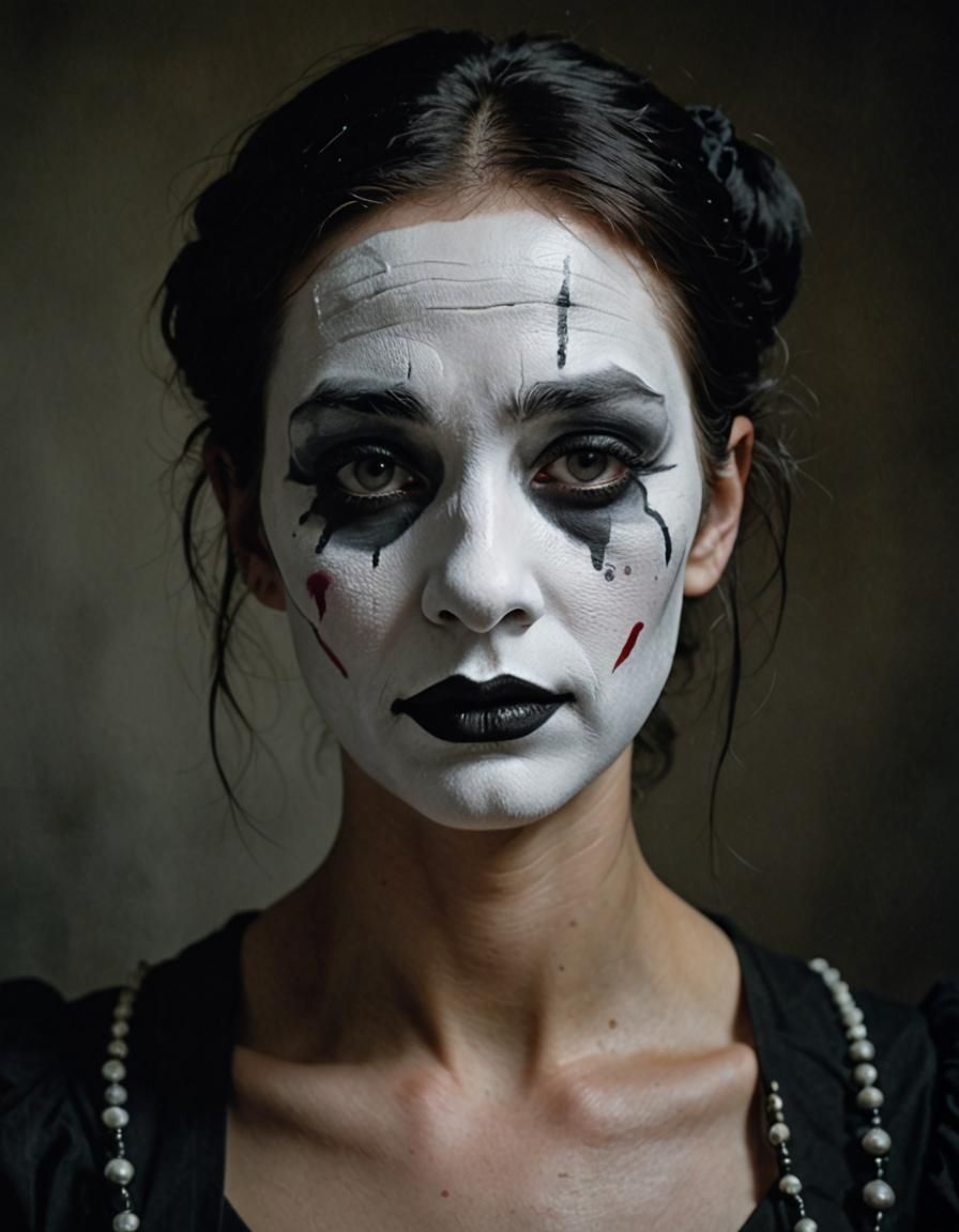 Sad Female Mime Close-Up in Chiaroscuro