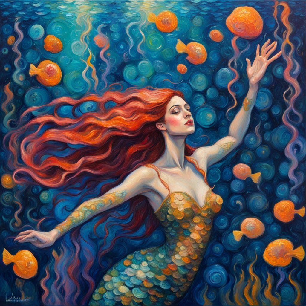underwater mermaid ariel with shiny jellyfishes klimt neo-im...