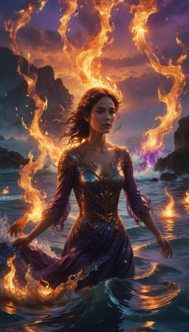 Woman in Burning Sea: Fantastical Concept Art