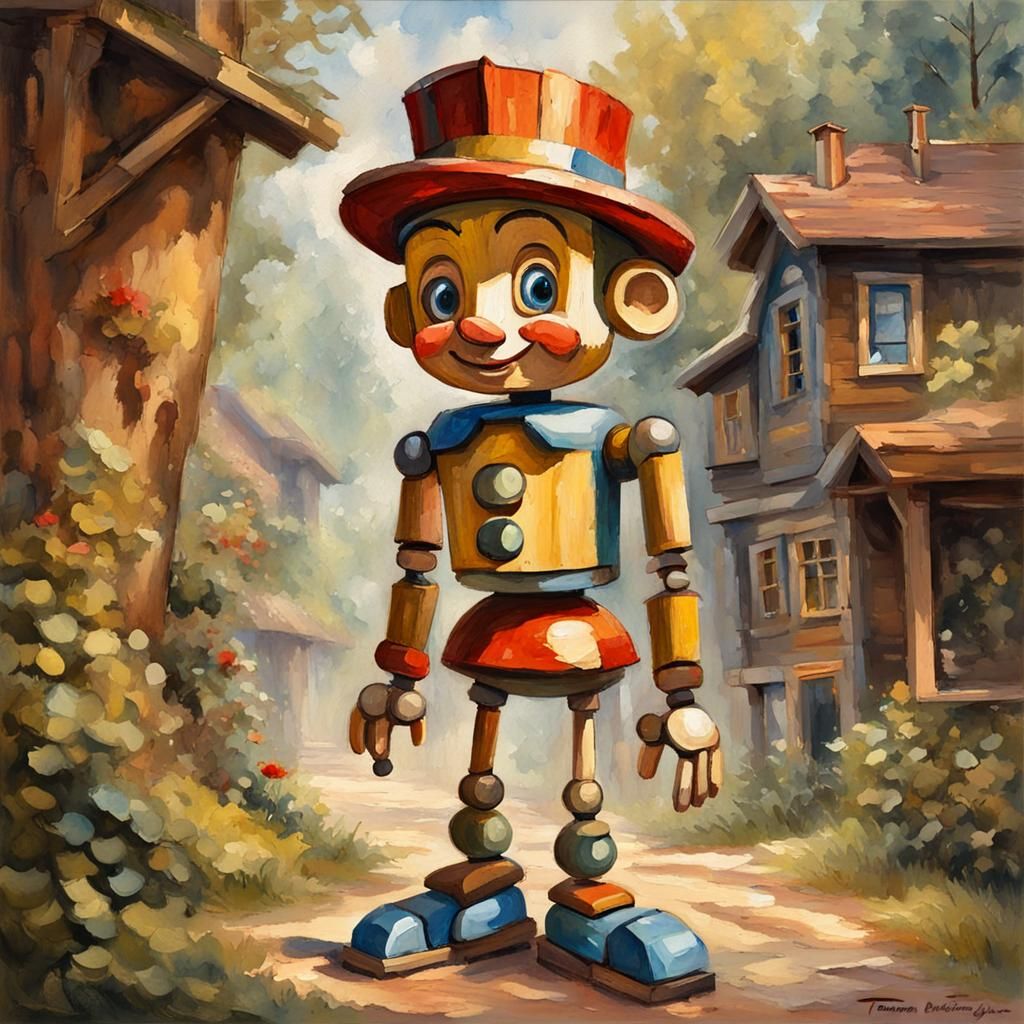 Robotic Pinocchio: Disney Art in Gouache Style