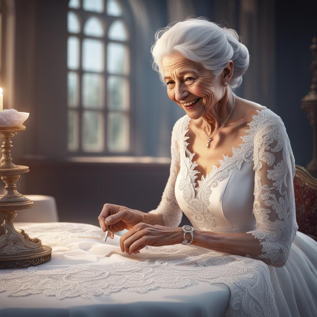 Old Lady Making Lace in Watercolor Style