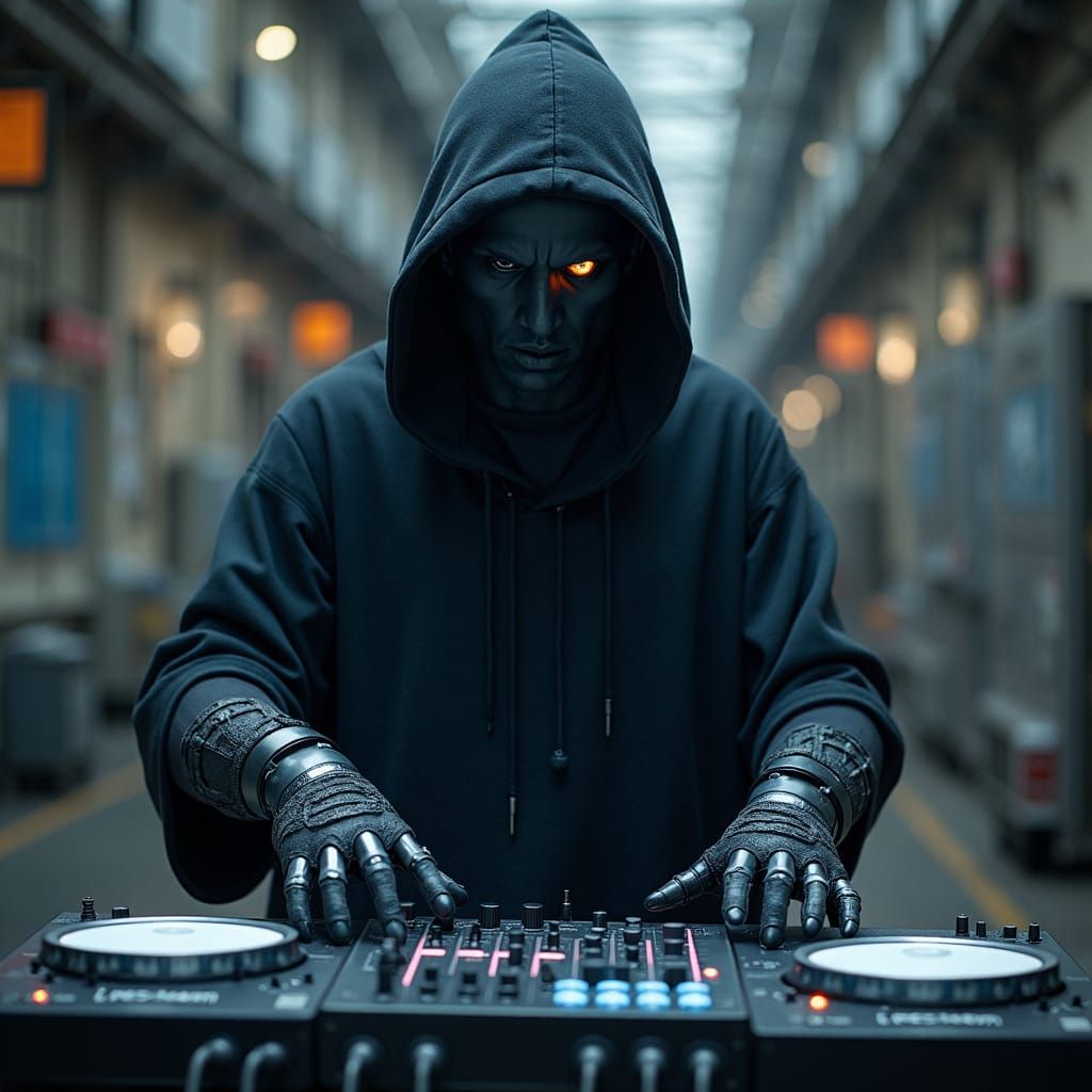 Cyborg Musician with Glowing Eye in Industrial Setting