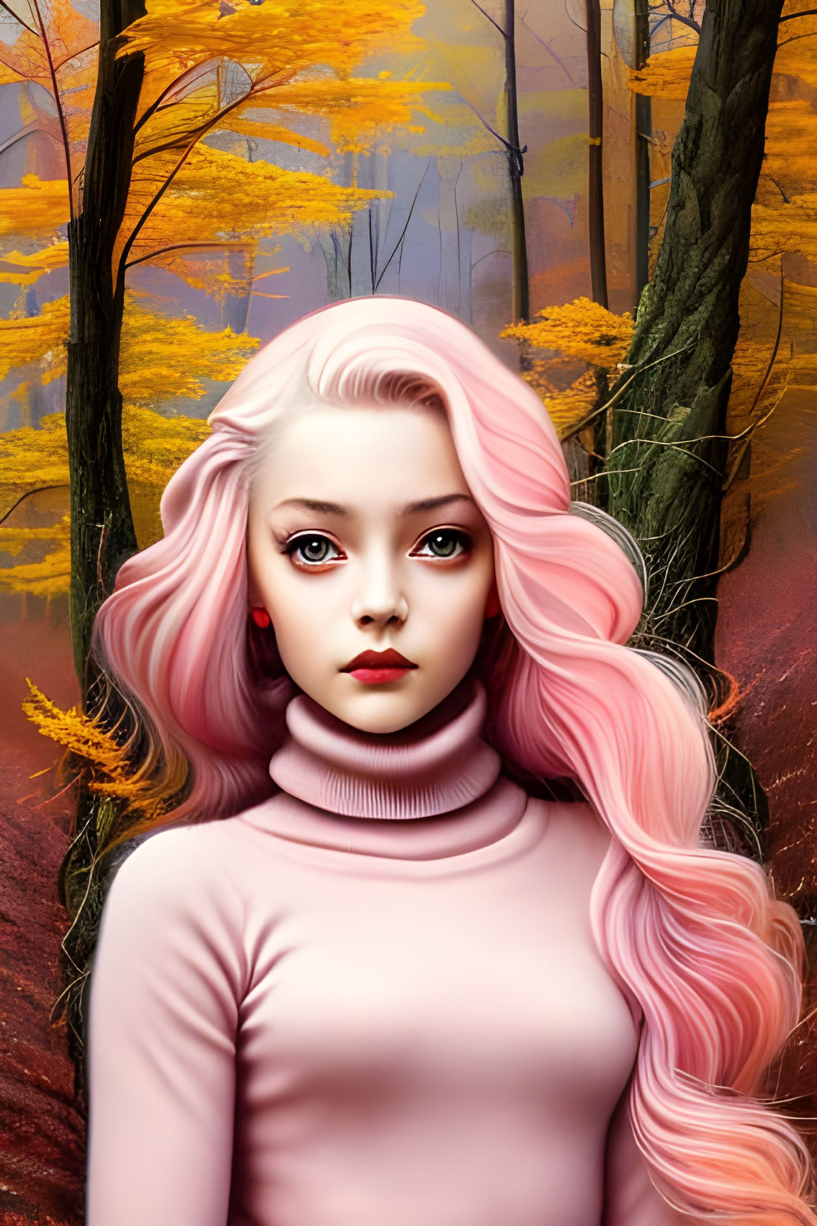 Autumn Portrait of Girl with Pink Hair
