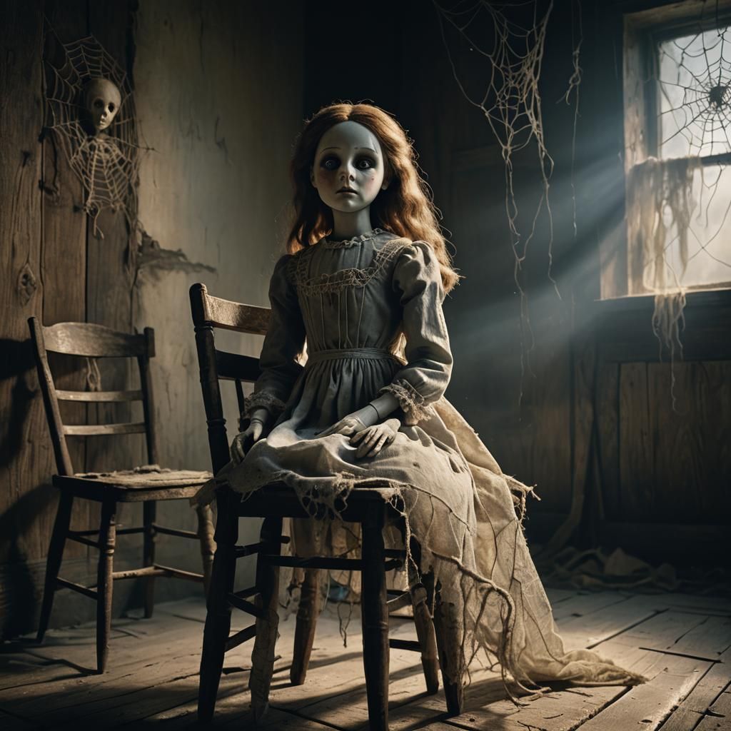 Eerie Porcelain Doll in Dark Surrealism Style