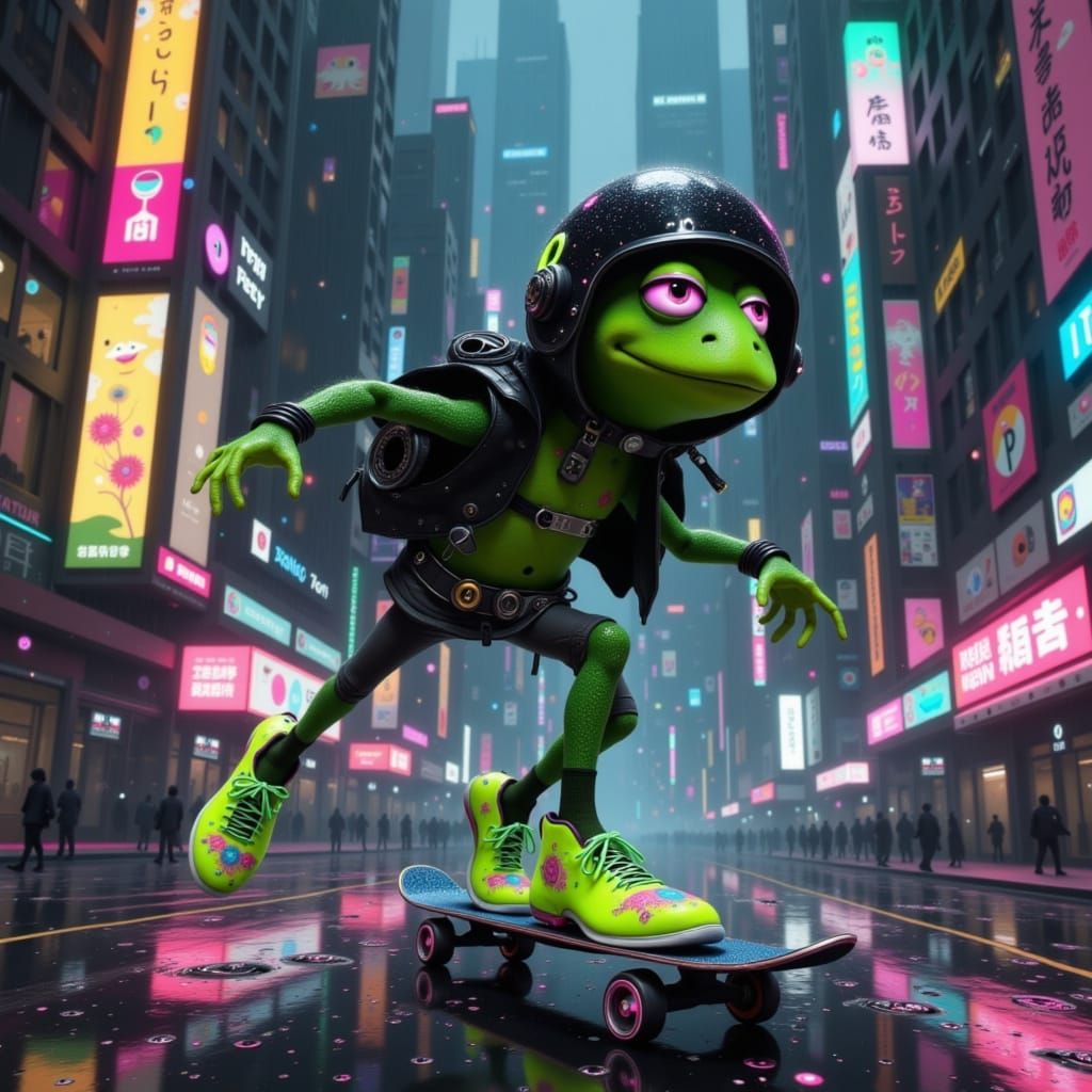 Kermit the Frog Skateboarding in Cyberpunk Cityscape