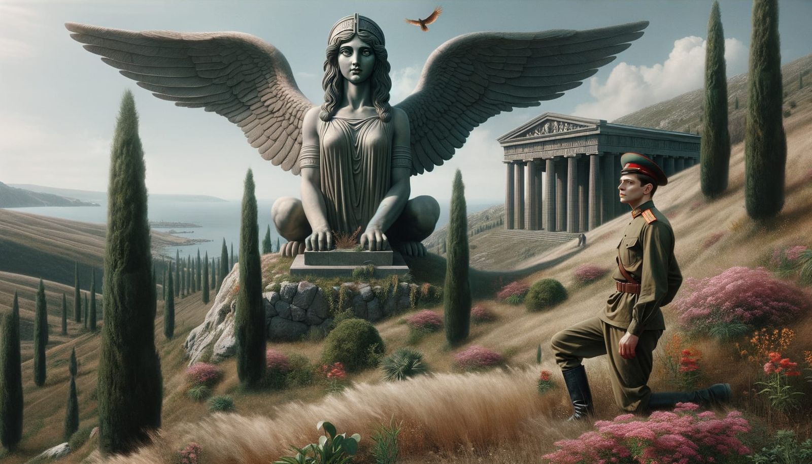 Soldier and Sphinx in Soviet Realism Style