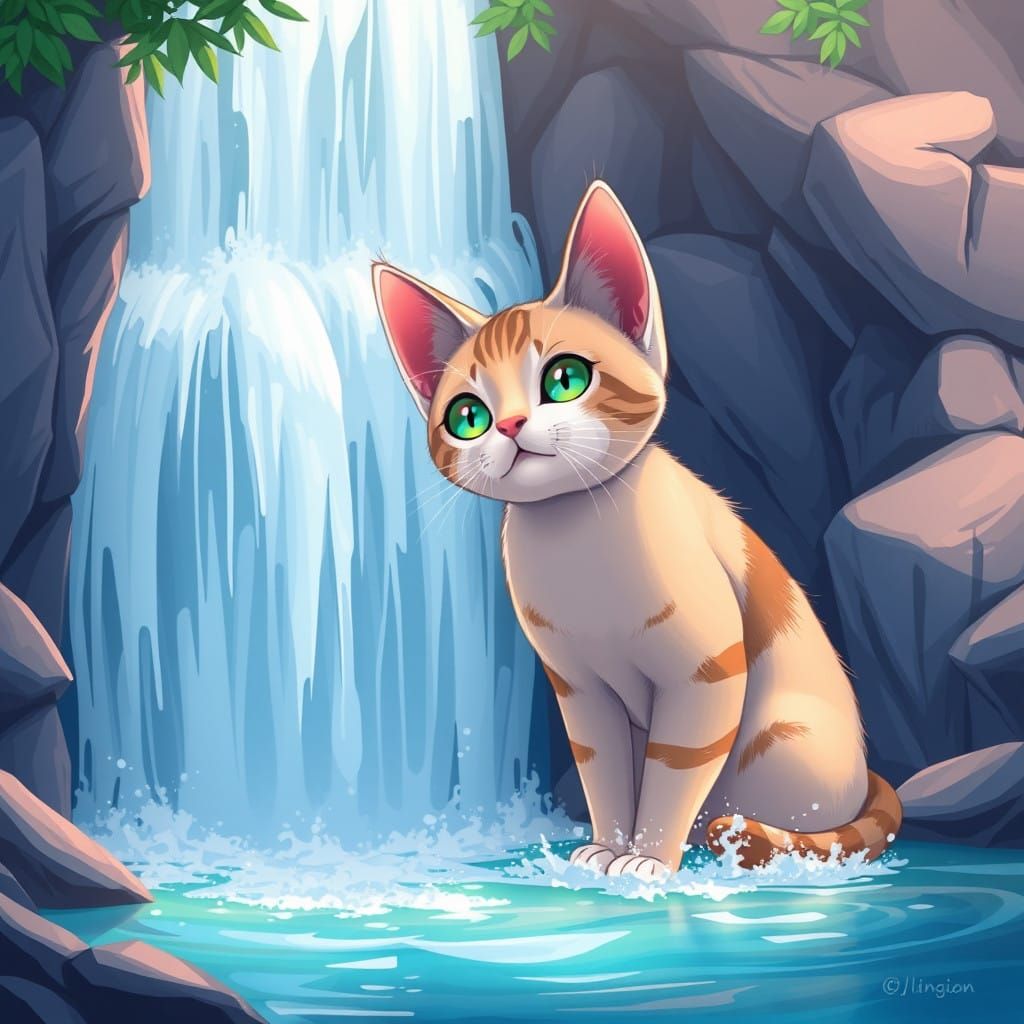 Anime-Style Cat Stands Majestically in Front of a Dramatic W...