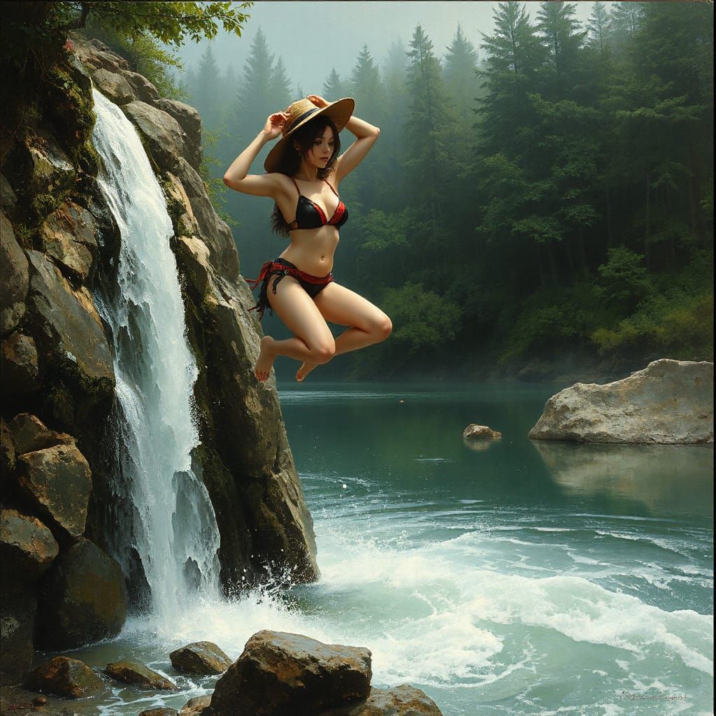 Anime Woman's Waterfall Dive in Dark Fantasy Style