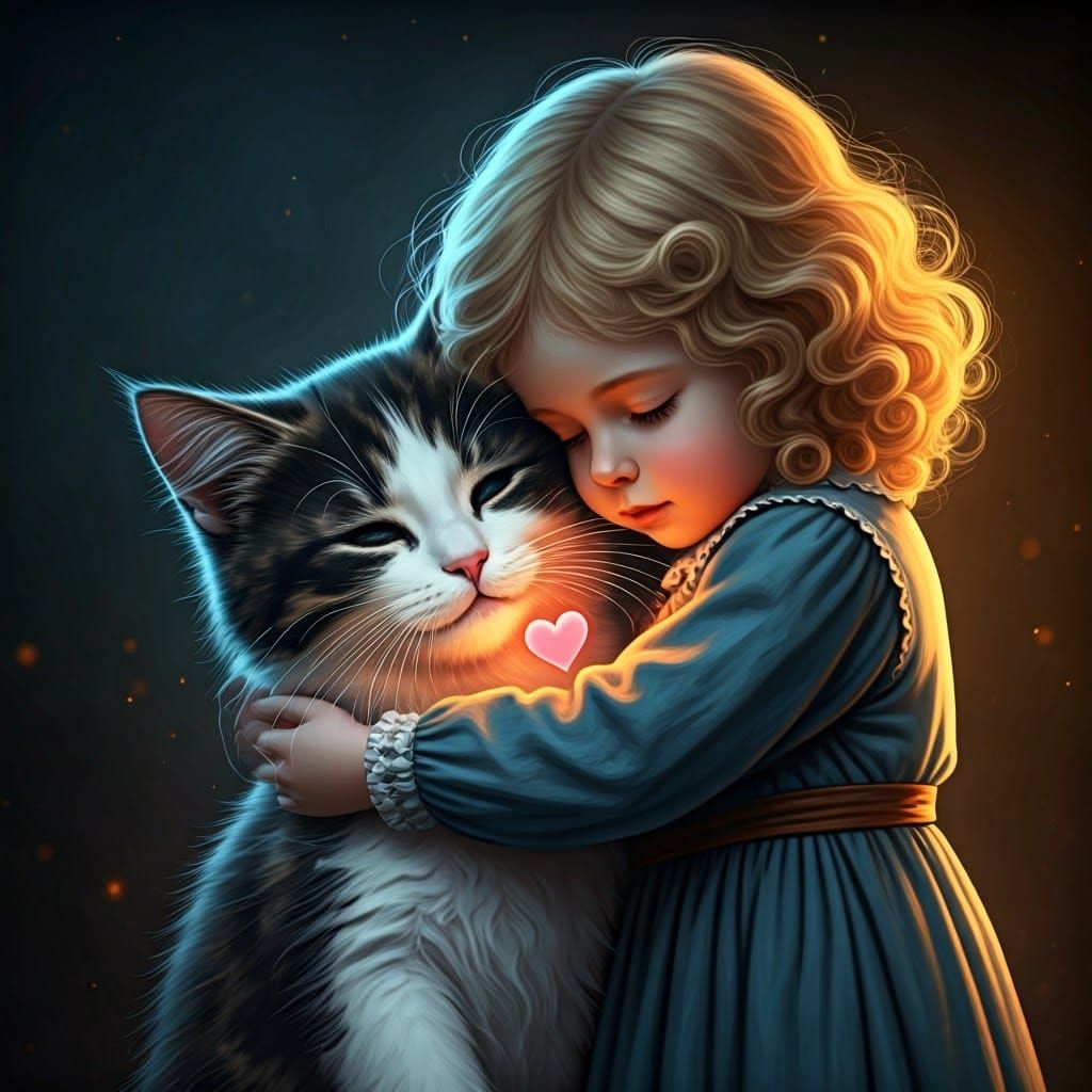 Girl and Cat Embrace in Fantasy Art Style