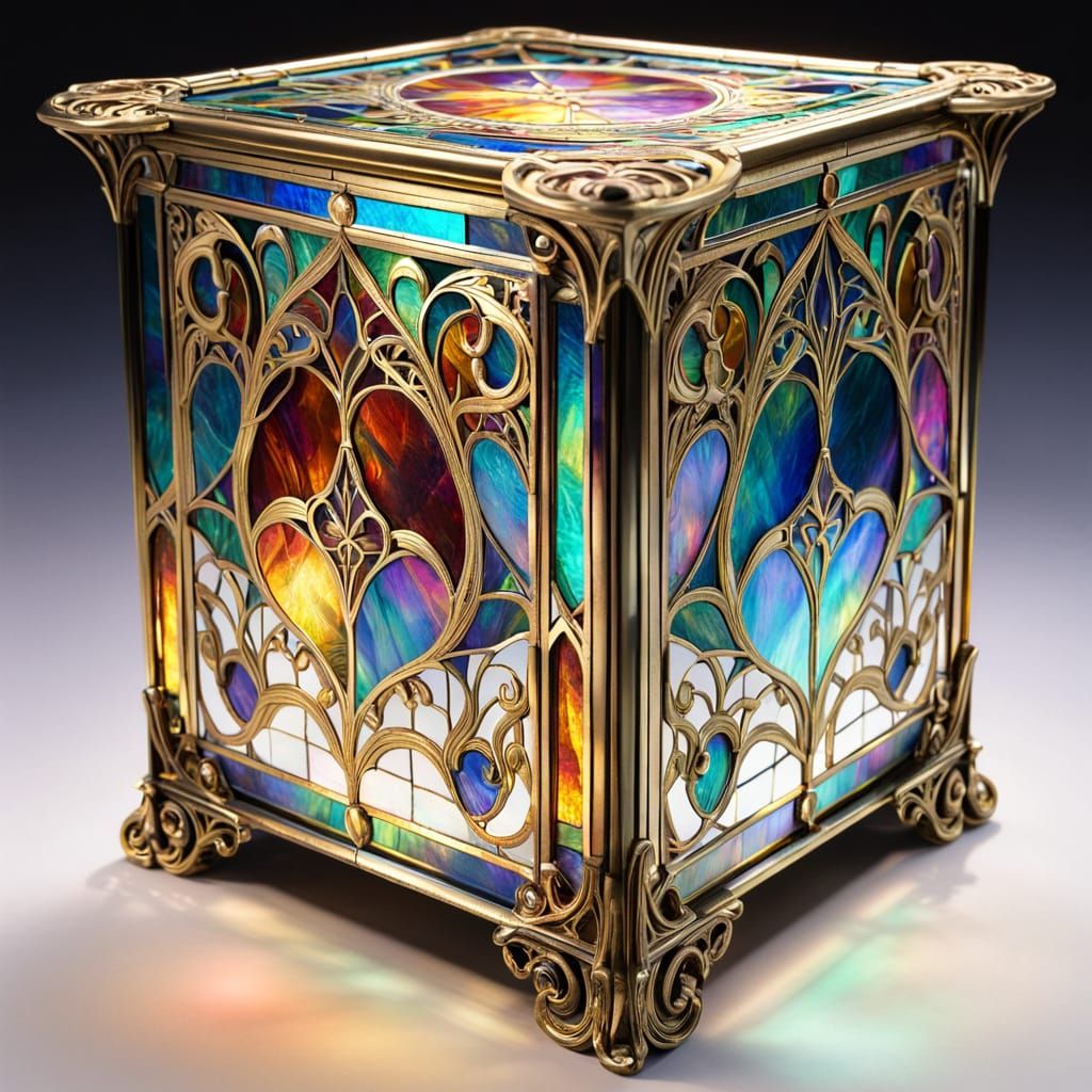 Vibrant Art Nouveau Stained Glass Cube with Gold Accents