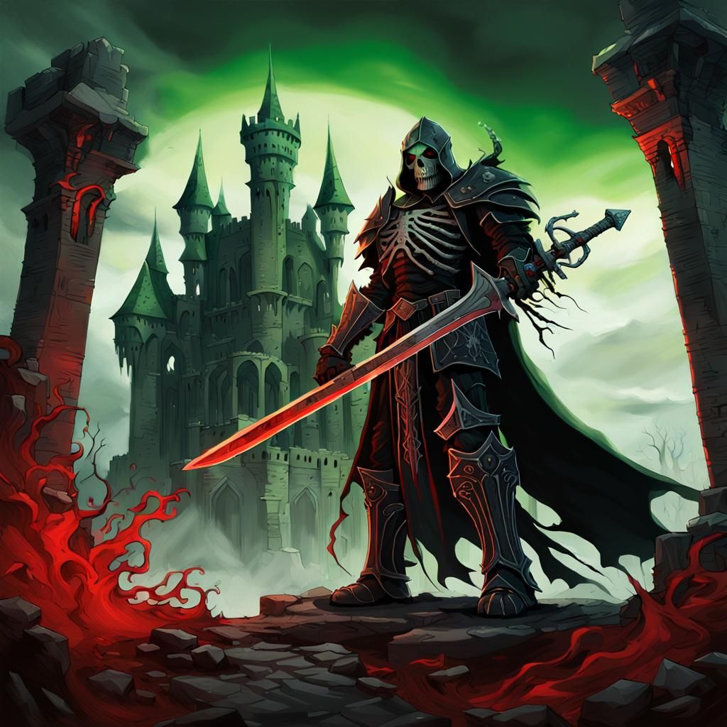 Dark Fantasy Death Knight in Eerie Castle Ruins