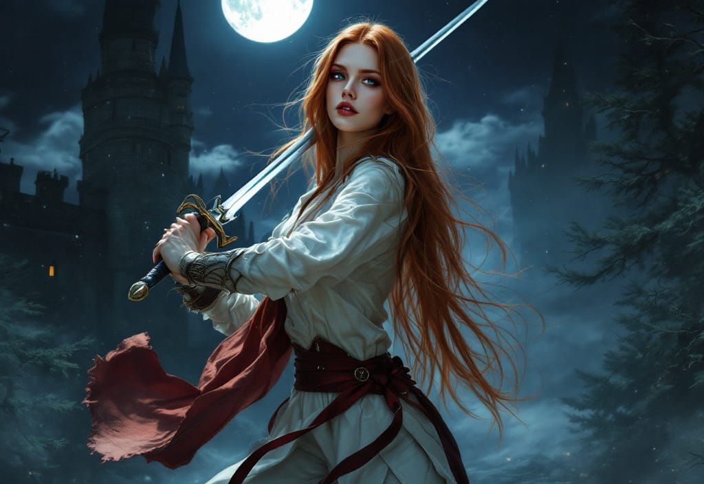 Redhead Vampire Duelist in Art Nouveau Style