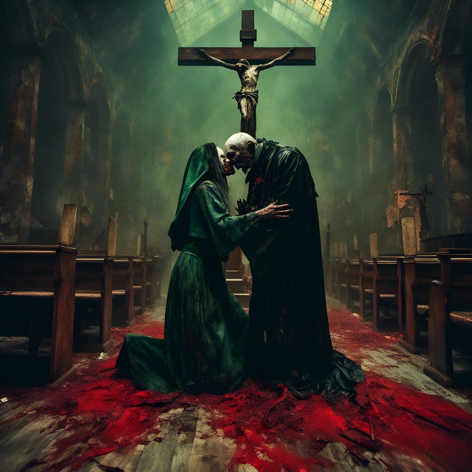 Zombie Priest Kissing Nun in Macabre Style