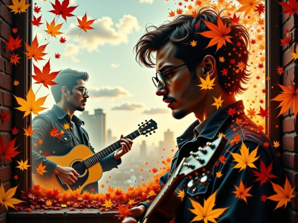 Surreal Autumn Scene with Guitarist Leaves and Double Exposu...