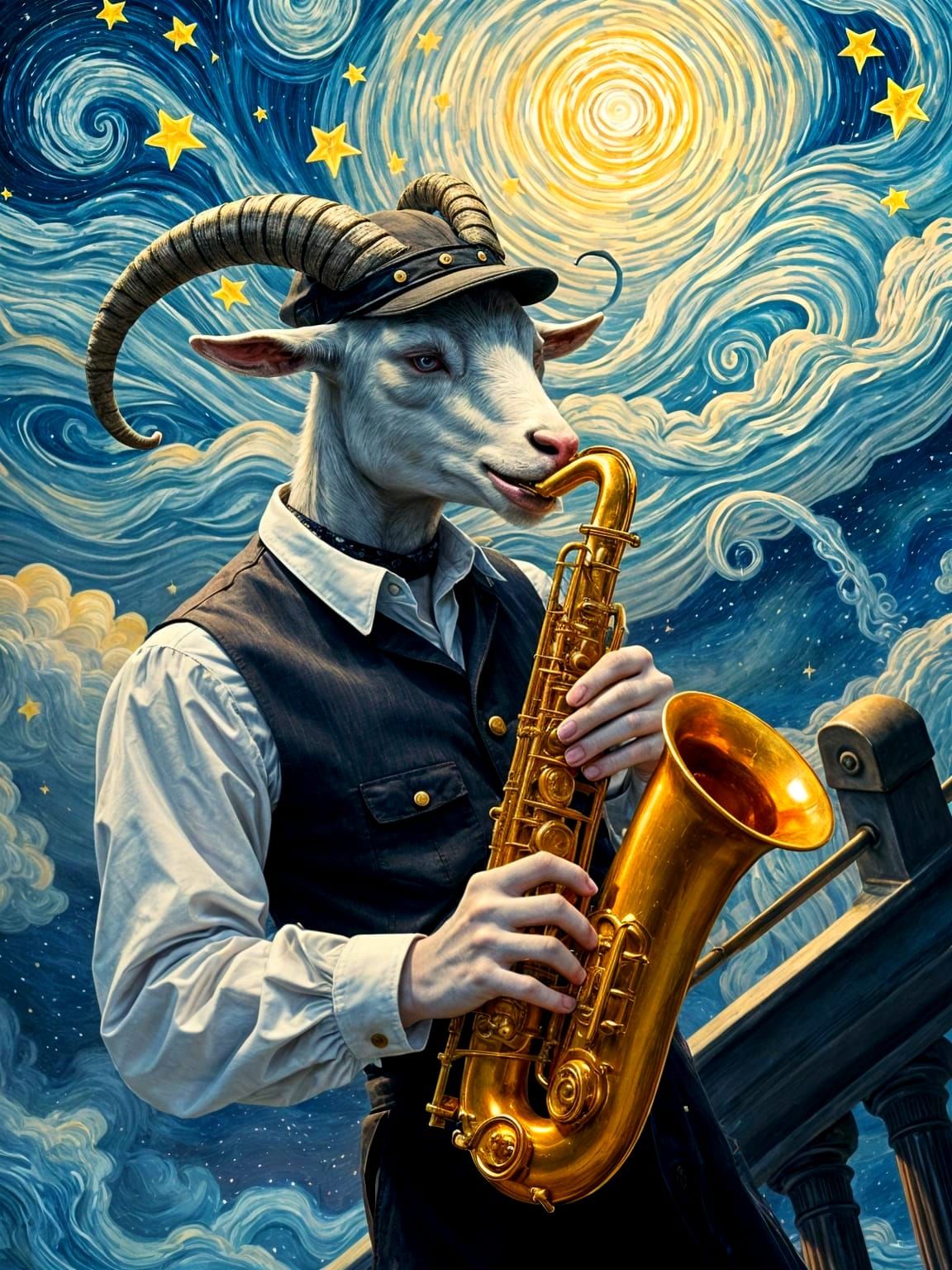 Majestic Goat Saxophonist in Art Nouveau Style