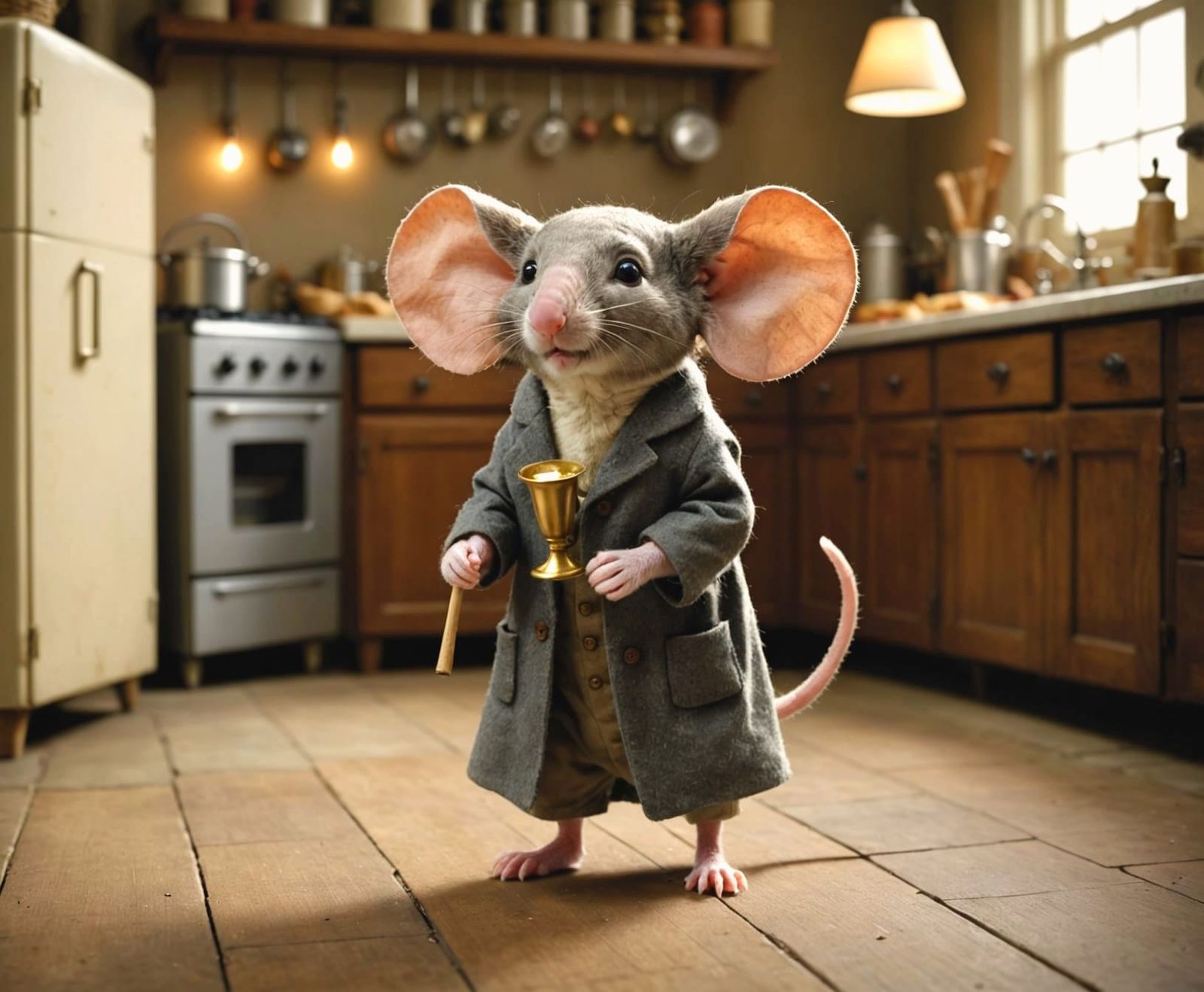 Tiny Mouse in Elephant Costume on Kitchen Floor