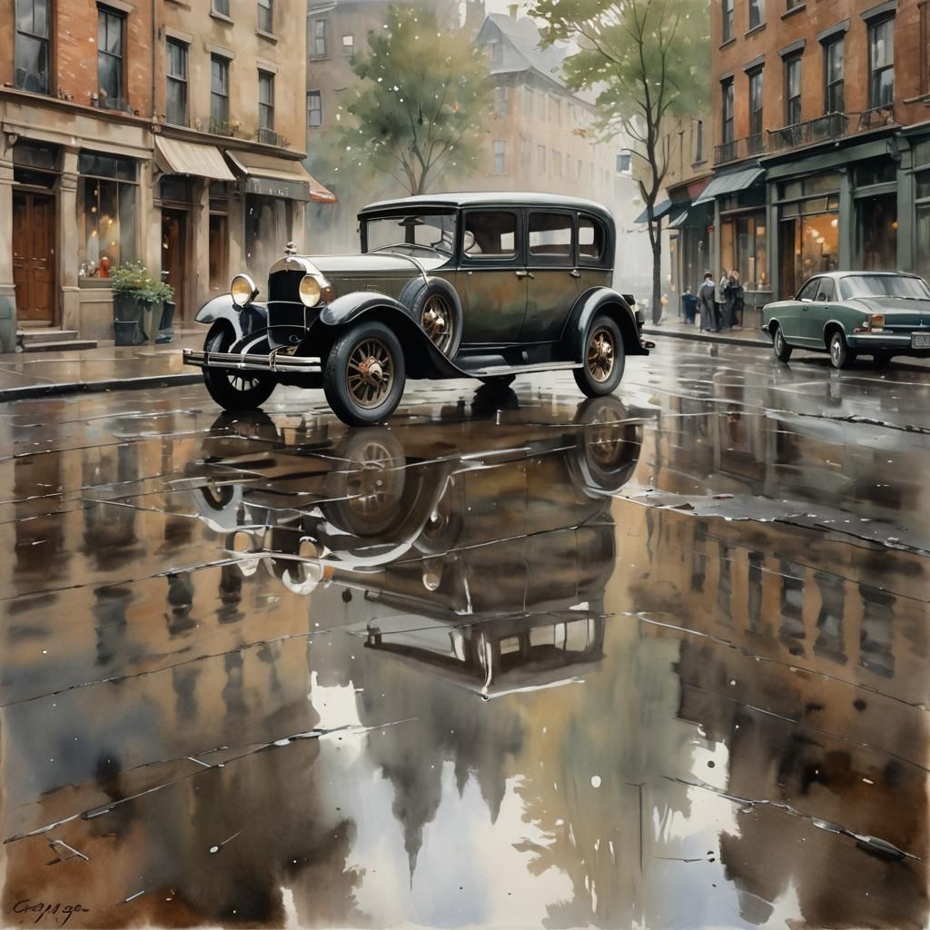Vintage Sedan in Rainy Street: Watercolor Style