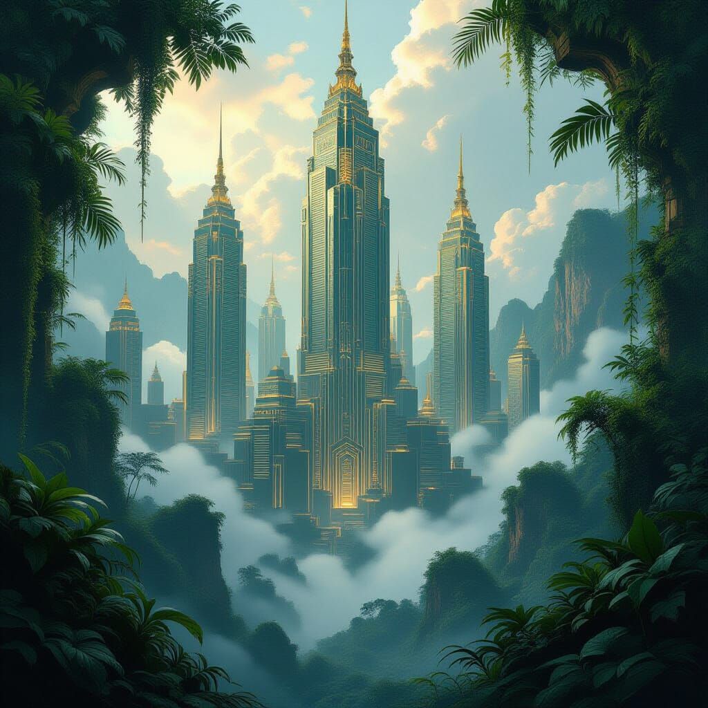 Art Deco Metropolis Emerges From Misty Jungle Floor