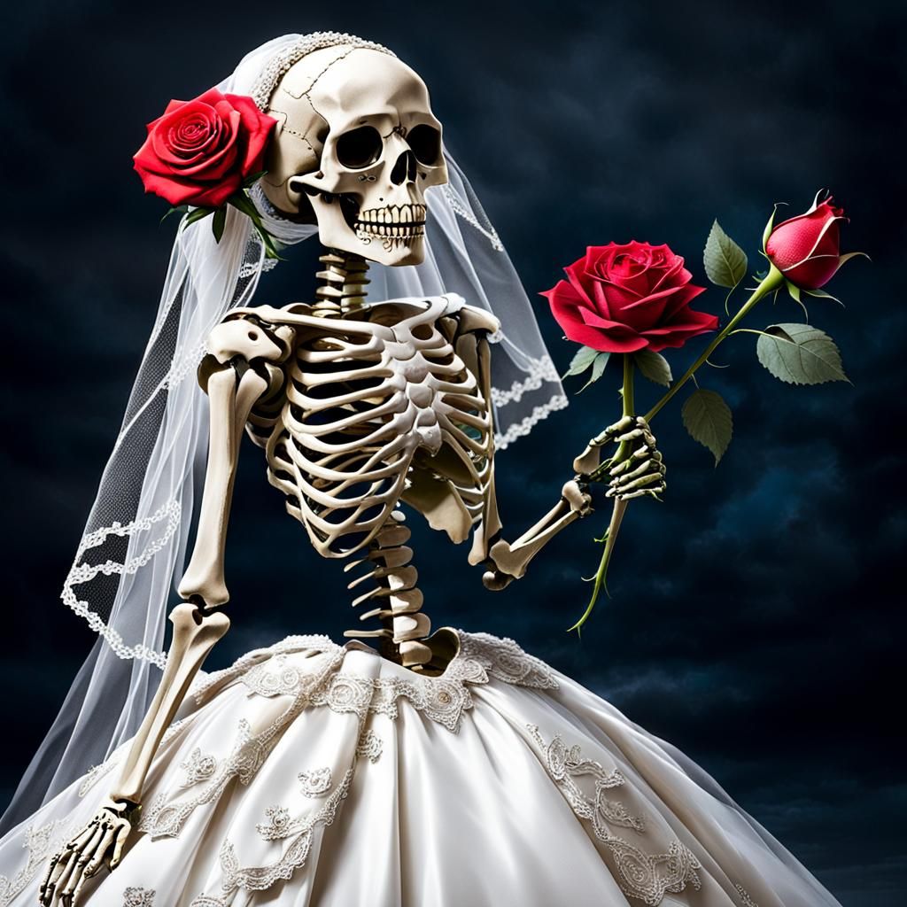 Skeleton Bride with Red Rose