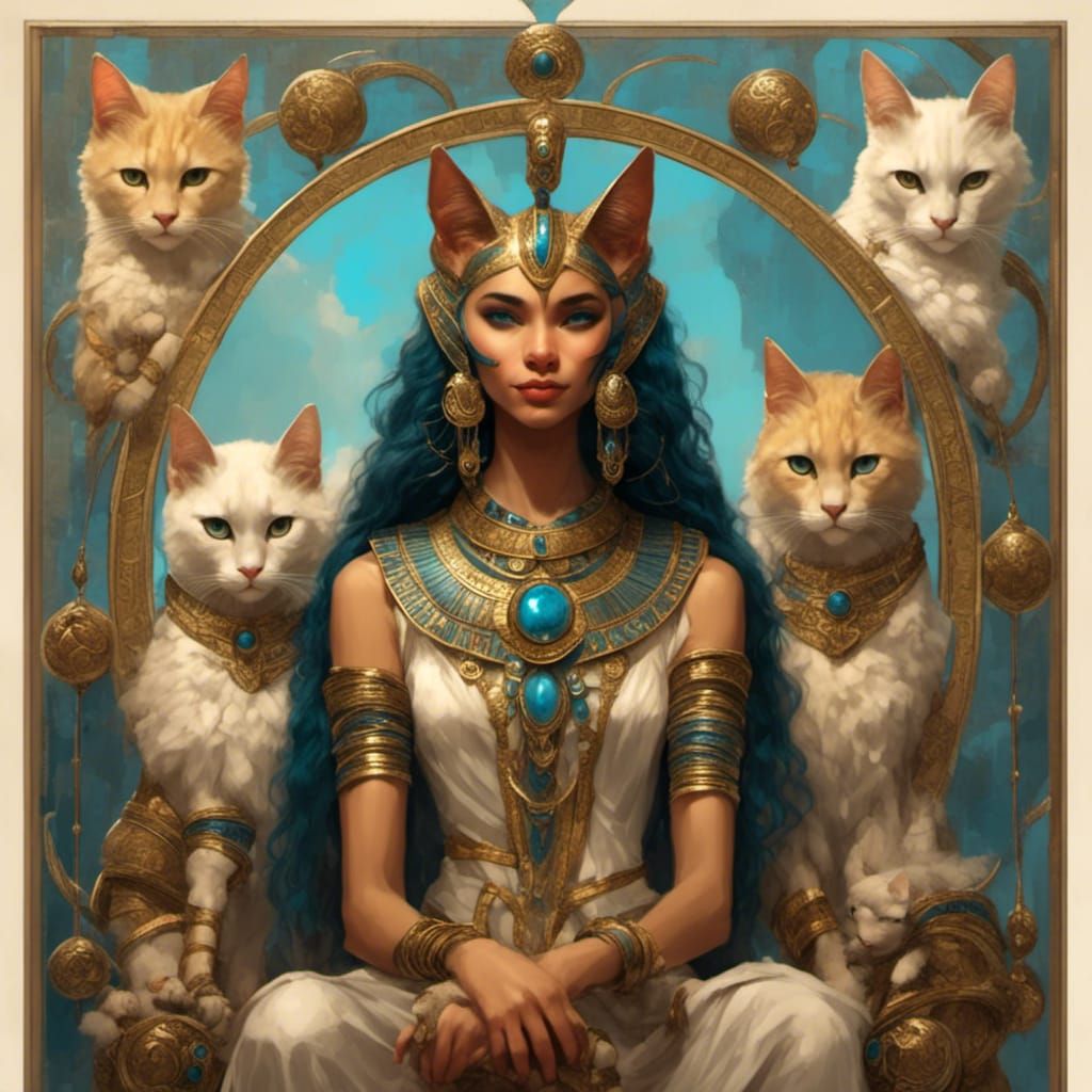 Bastet Surrounded by Cats: A Fantasy Portrait