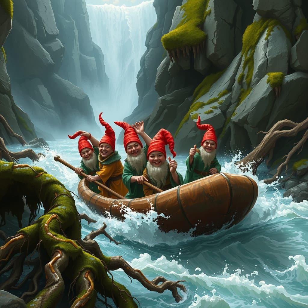Gnomes' River Adventure in Fantasy Art Style