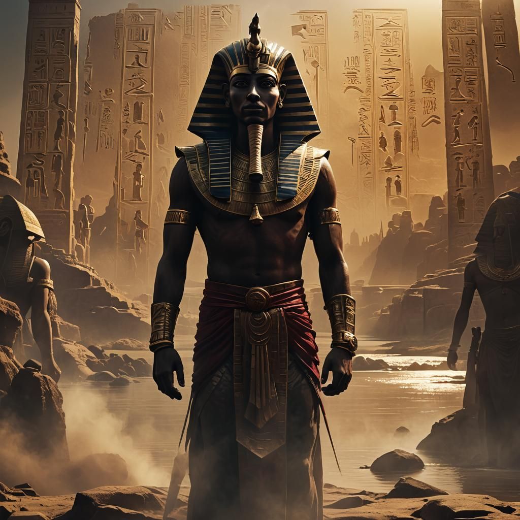 Pharaoh Menes standing triumphantly by the Nile, uniting Upp...