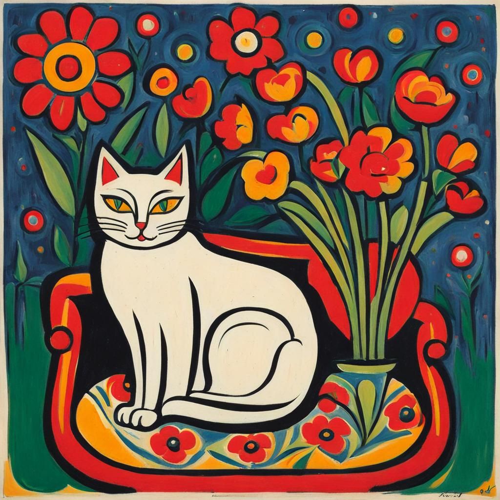 Expressive Cat Portrait with Flowers