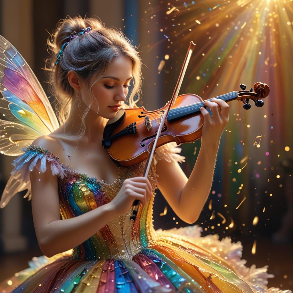 Fairy Plays Rainbow Violin in Dreamy Photo Art