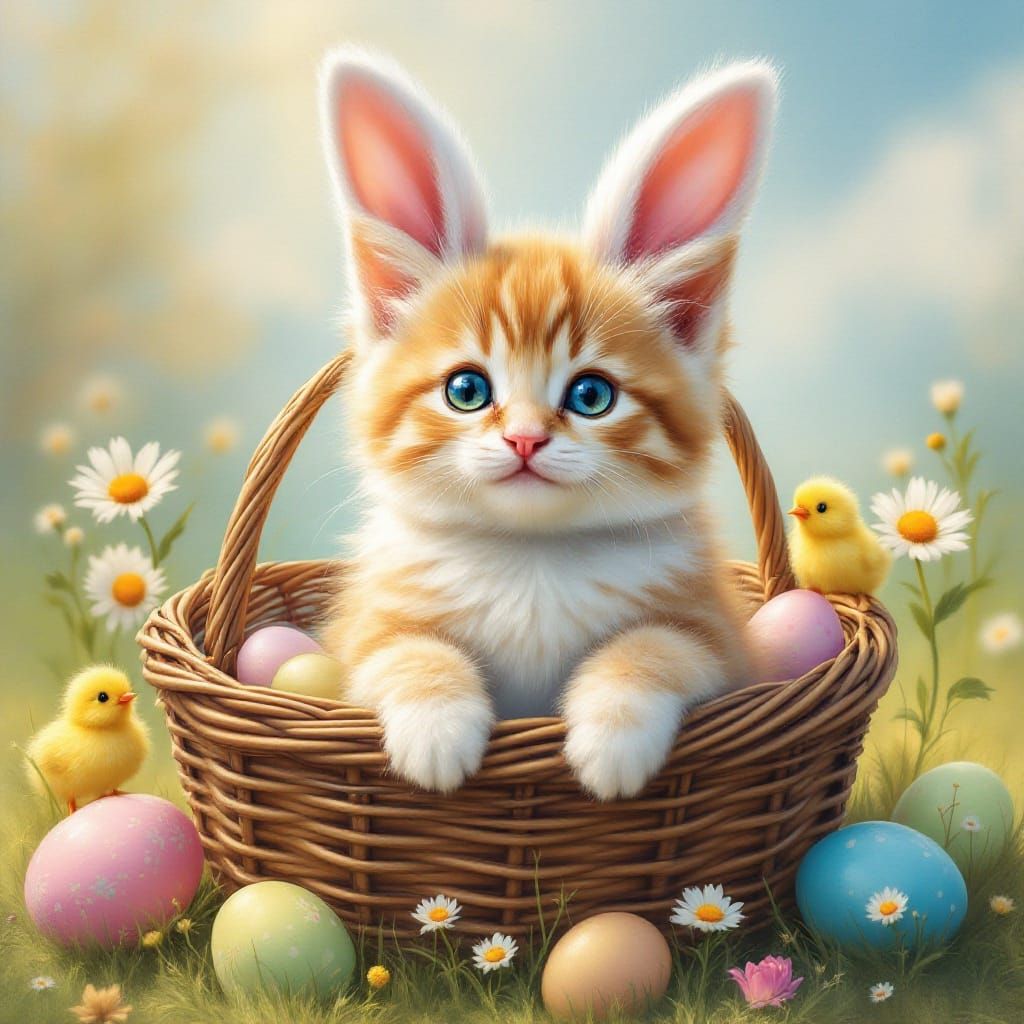 Cute Kitten in Easter Bunny Ears Surrounded by Pastel Eggs a...