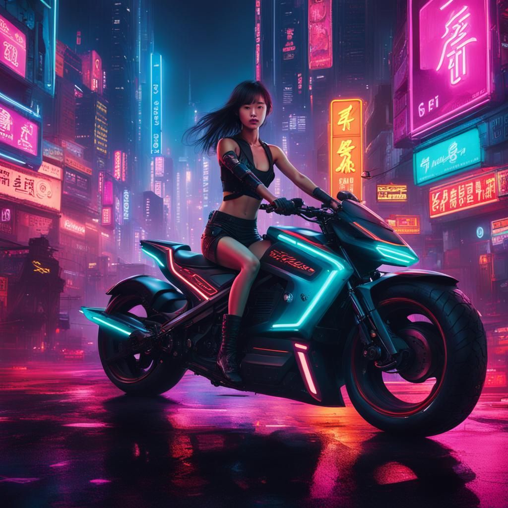 Asian Girl on Motorbike in Cyberpunk City