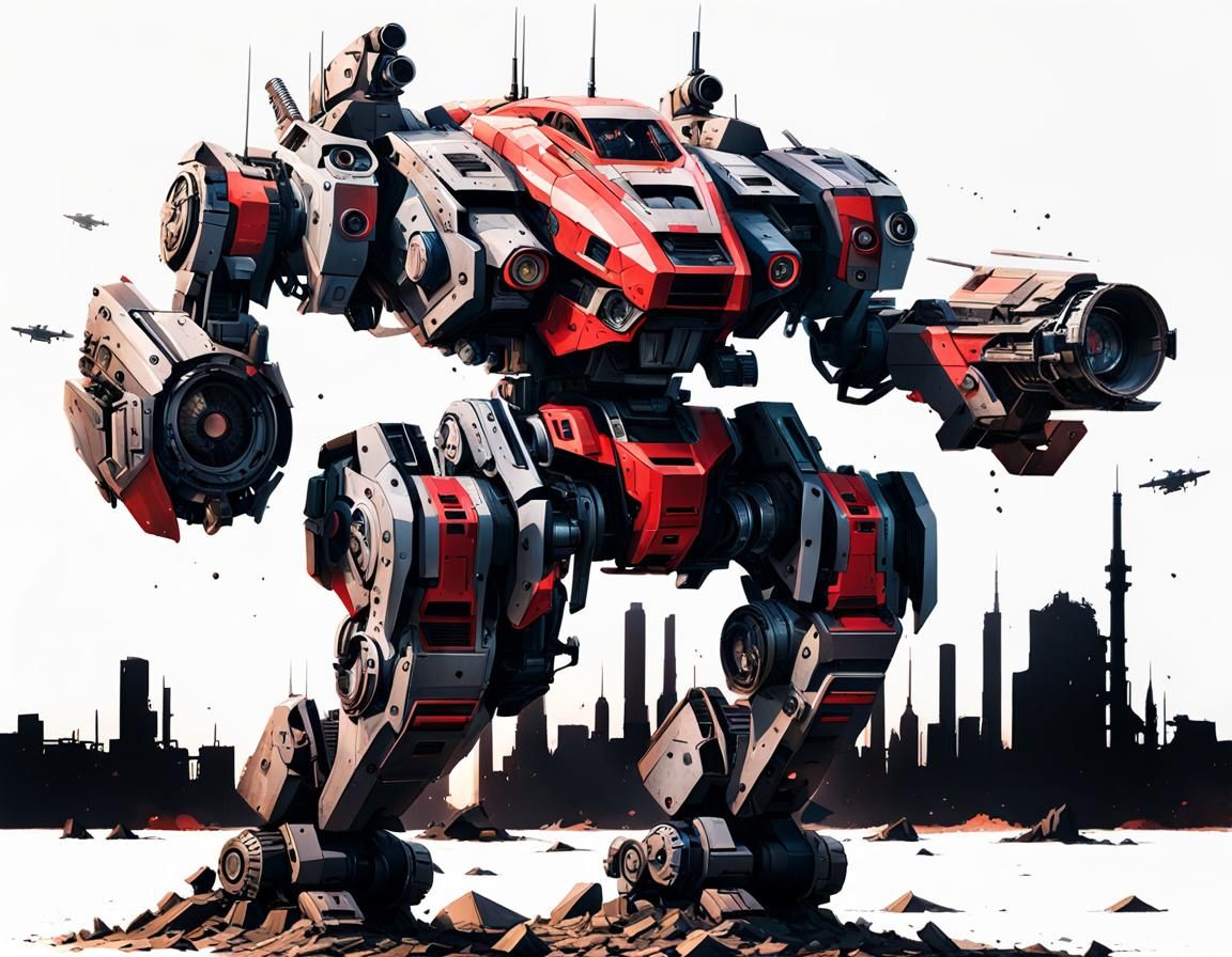 Giant Battlemech in Ruined City, Digital Art