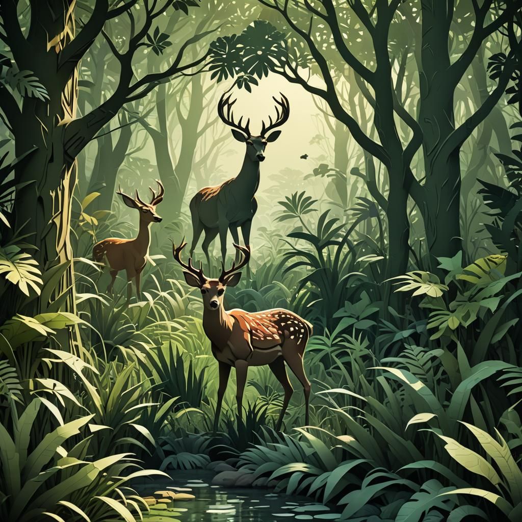 Jungle Scene with Deer in Papercut Style